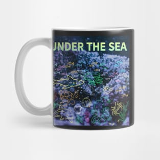 under the sea,blue sea,sea creatures,Turtle, puffer fish, starfish, shrimp, shark, tropical fish, sea horse, seaweed, sardines, squid, crabs, clams Mug